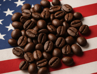 A close-up of roasted coffee beans scattered across the surface of the American flag, symbolizing the impact of U.S. tariffs on coffee.