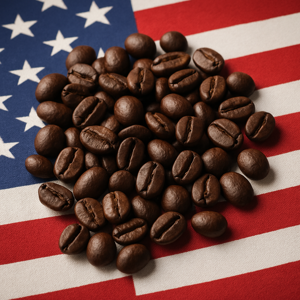 A close-up of roasted coffee beans scattered across the surface of the American flag, symbolizing the impact of U.S. tariffs on coffee.