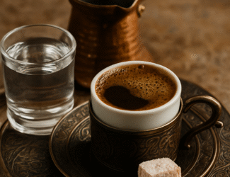 A traditional Turkish coffee served in a small ornate cup on a bronze tray with a glass of water, a piece of Turkish delight, and a copper cezve in the background.
