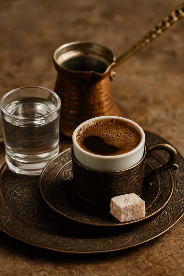 A traditional Turkish coffee served in a small ornate cup on a bronze tray with a glass of water, a piece of Turkish delight, and a copper cezve in the background.