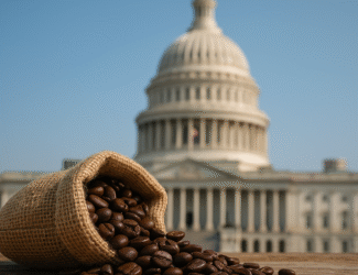 Burlap sack of coffee beans spilling onto a wooden surface with the US Capitol building in the background.