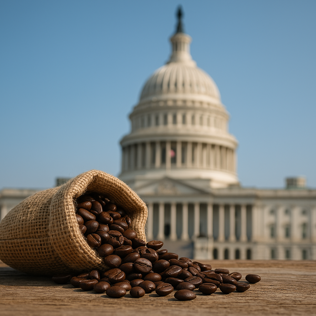 Burlap sack of coffee beans spilling onto a wooden surface with the US Capitol building in the background.