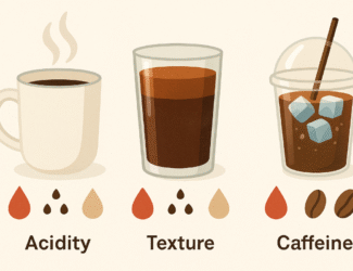 A flat-style digital illustration showing three types of coffee side by side — a steaming hot coffee in a ceramic mug, a cold brew coffee in a glass with ice cubes, and an iced coffee in a tall glass with milk swirls — placed on a wooden table under natural light.