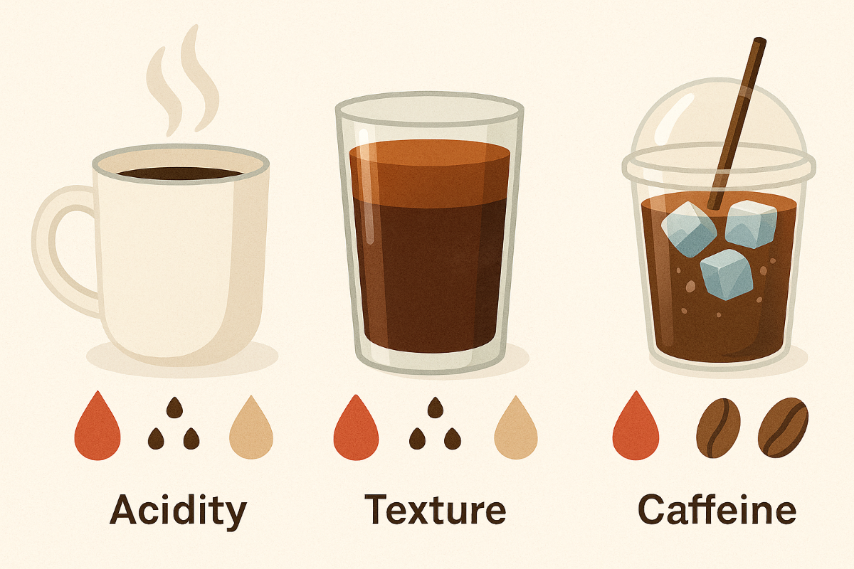 A flat-style digital illustration showing three types of coffee side by side — a steaming hot coffee in a ceramic mug, a cold brew coffee in a glass with ice cubes, and an iced coffee in a tall glass with milk swirls — placed on a wooden table under natural light.