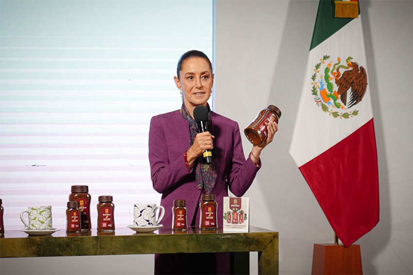 Wellness Coffee will be distributed through government stores starting in central Mexico, President Sheinbaum said at her Wednesday morning press conference. (María Luisa Albores/X)