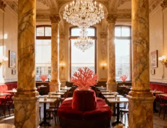 A traditional Viennese café with marble columns, red velvet chairs, and newspapers on wooden stands — symbolizing Vienna’s timeless coffee culture.