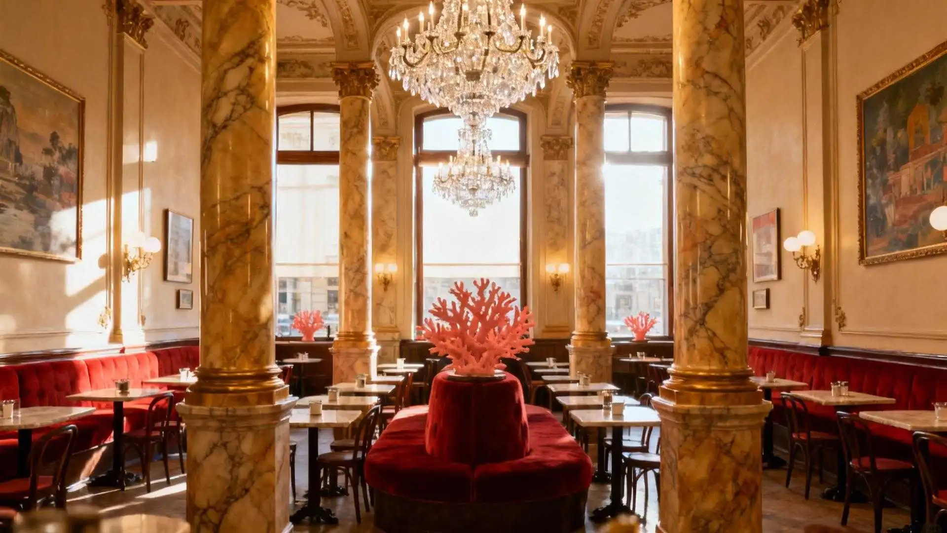 A traditional Viennese café with marble columns, red velvet chairs, and newspapers on wooden stands — symbolizing Vienna’s timeless coffee culture.
