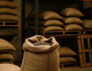 Burlap sacks of coffee beans stacked in a warehouse with low lighting, symbolizing the global decline in certified coffee stocks in 2025