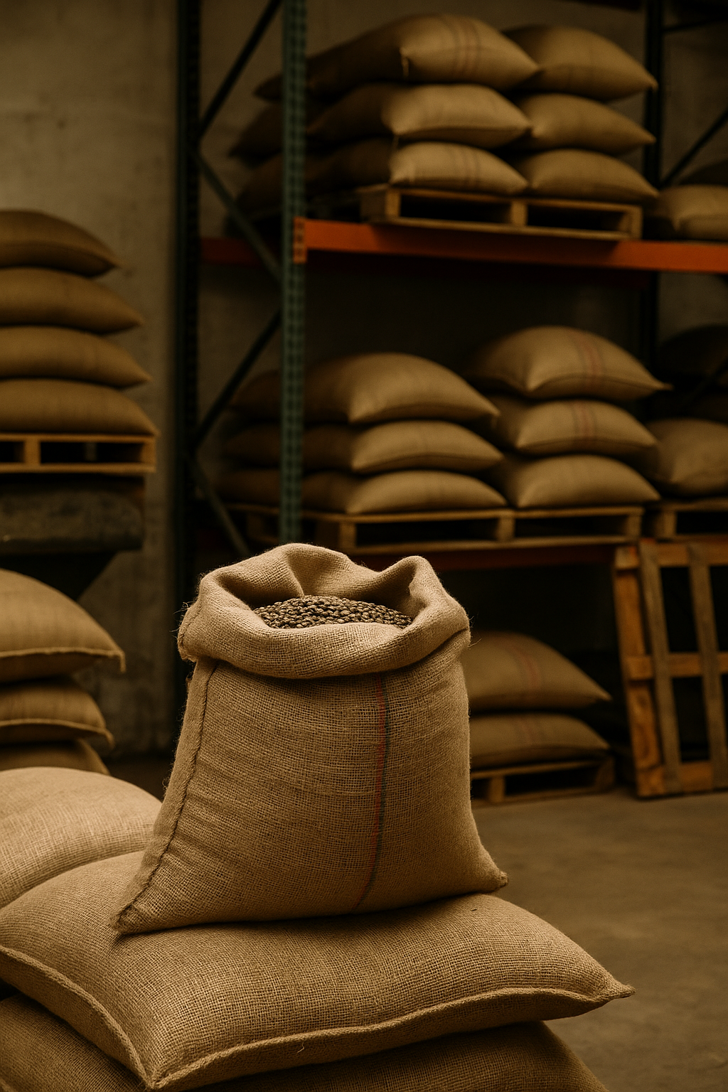 Burlap sacks of coffee beans stacked in a warehouse with low lighting, symbolizing the global decline in certified coffee stocks in 2025