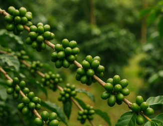 Close-up of green coffee cherries growing on a branch in a lush plantation, symbolizing sustainable and regenerative coffee farming.