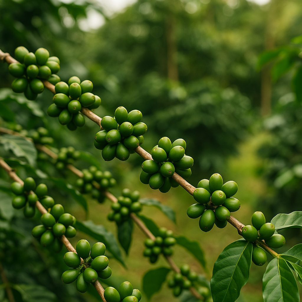 Close-up of green coffee cherries growing on a branch in a lush plantation, symbolizing sustainable and regenerative coffee farming.
