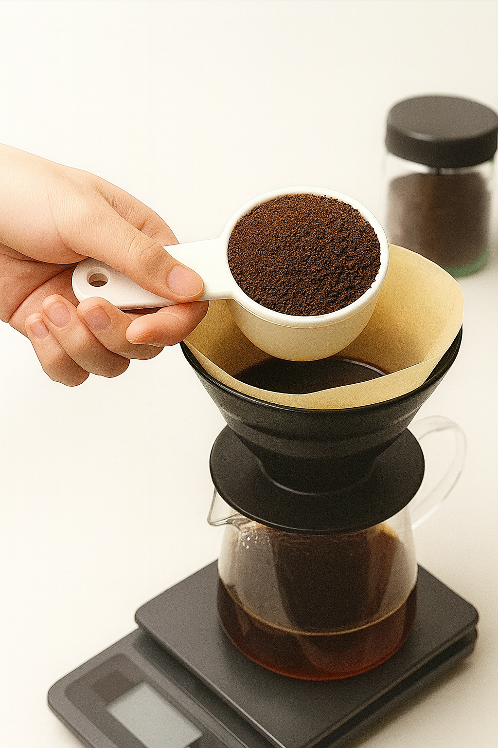 A close-up photo showing a hand holding a white scoop filled with freshly ground coffee, about to pour it into a paper filter placed on a black pour-over dripper set on a digital scale, illustrating precise coffee brewing using the golden ratio.