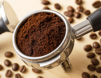 A close-up of freshly ground coffee in a portafilter surrounded by roasted coffee beans on a wooden surface, symbolizing market strength