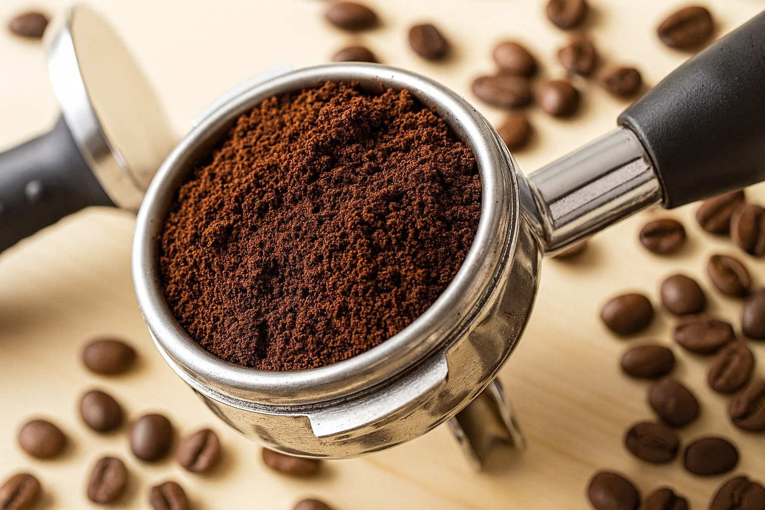A close-up of freshly ground coffee in a portafilter surrounded by roasted coffee beans on a wooden surface, symbolizing market strength