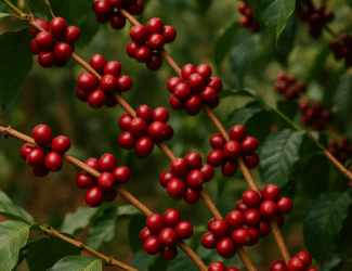 Close-up photograph of ripe red coffee cherries growing on green branches in a Brazilian coffee plantation after rainfall, surrounded by fresh, glossy leaves.