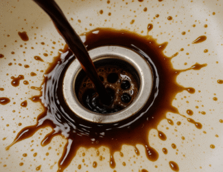 Coffee being poured into a sink drain — illustrating environmental concerns over caffeine and water pollution.