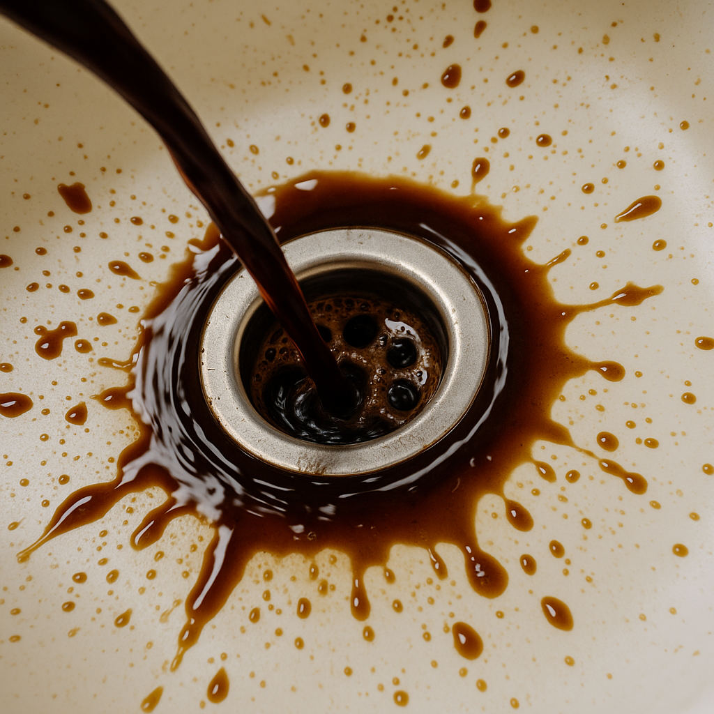 Coffee being poured into a sink drain — illustrating environmental concerns over caffeine and water pollution.
