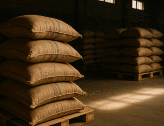 Burlap sacks filled with coffee beans stacked on wooden pallets in a dimly lit warehouse, symbolizing the decline in ICE coffee inventories and tightening global supply.