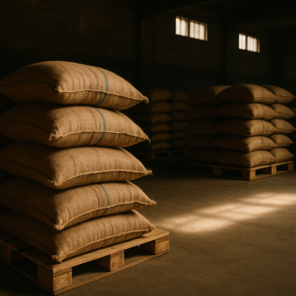 Burlap sacks filled with coffee beans stacked on wooden pallets in a dimly lit warehouse, symbolizing the decline in ICE coffee inventories and tightening global supply.