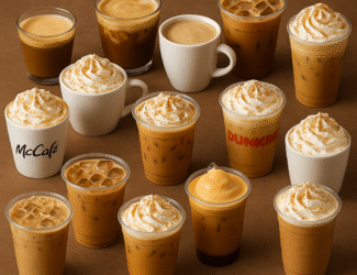 An assortment of 16 autumn-themed coffee drinks displayed on a brown background, including iced lattes, whipped cream–topped beverages, cold brews, and pumpkin-inspired drinks from brands such as Starbucks, Dunkin’, McCafé, and Krispy Kreme. The image visually represents the ranking of fall coffee drinks from healthiest to unhealthiest.