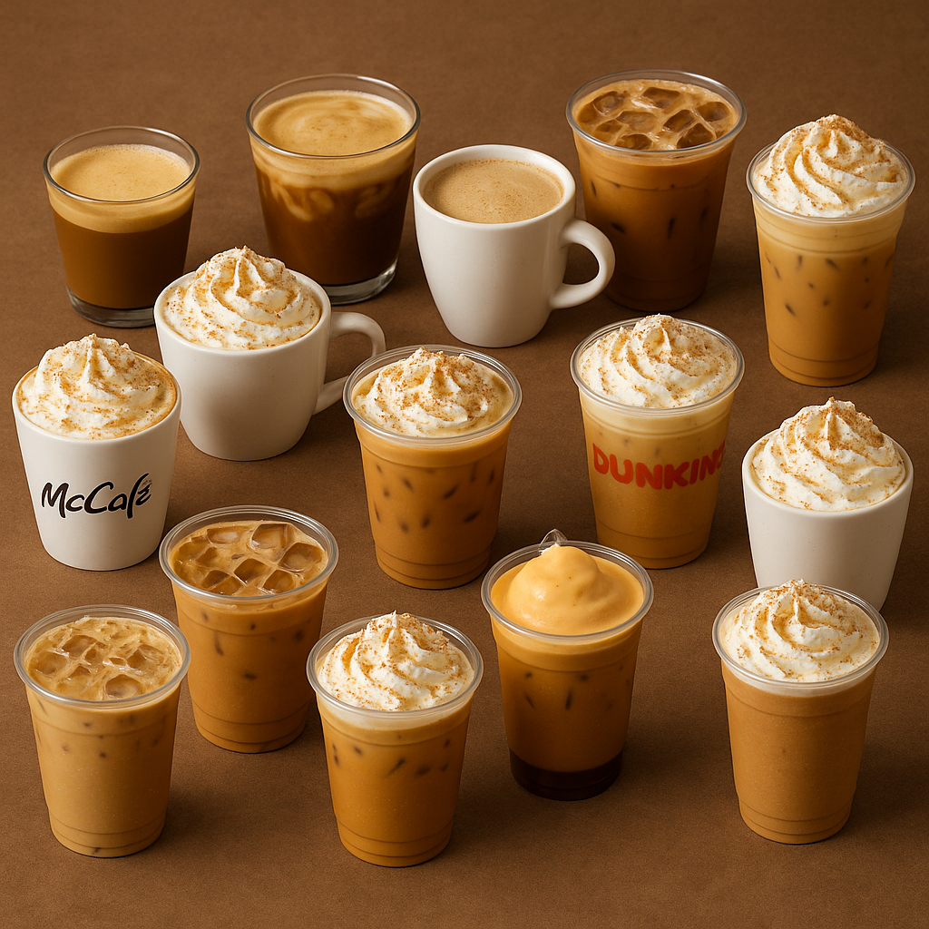 An assortment of 16 autumn-themed coffee drinks displayed on a brown background, including iced lattes, whipped cream–topped beverages, cold brews, and pumpkin-inspired drinks from brands such as Starbucks, Dunkin’, McCafé, and Krispy Kreme. The image visually represents the ranking of fall coffee drinks from healthiest to unhealthiest.