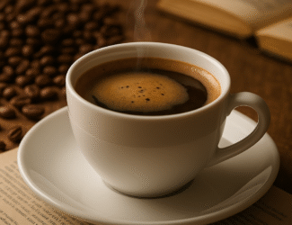A steaming cup of coffee on a wooden table surrounded by coffee beans, symbolizing research on coffee’s health benefits.