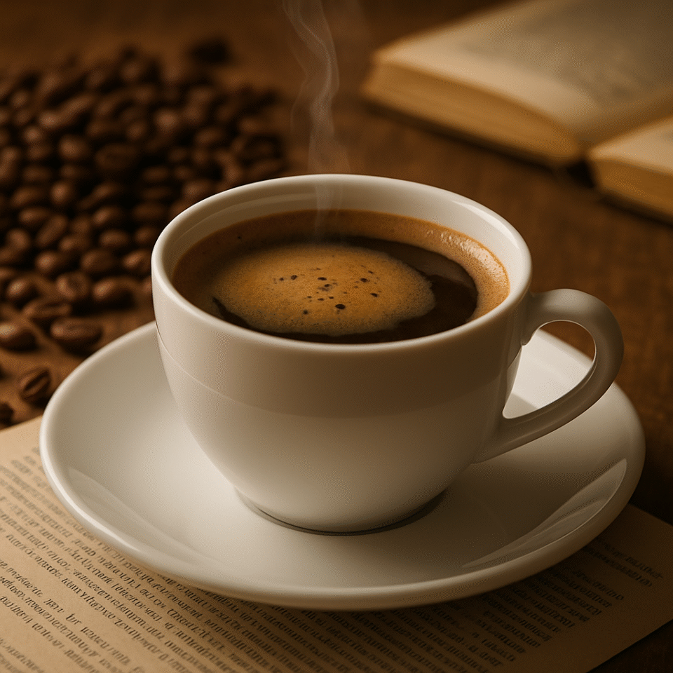 A steaming cup of coffee on a wooden table surrounded by coffee beans, symbolizing research on coffee’s health benefits.