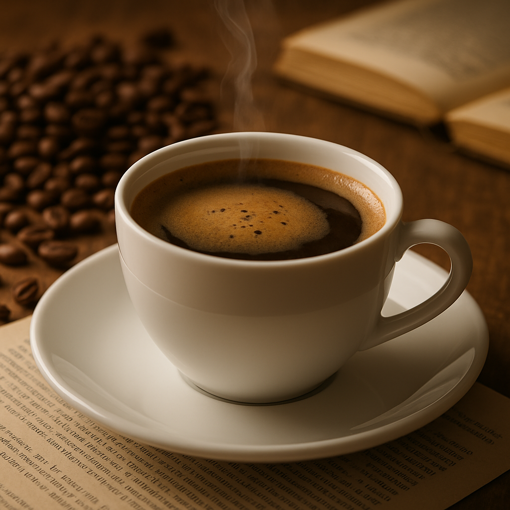 A steaming cup of coffee on a wooden table surrounded by coffee beans, symbolizing research on coffee’s health benefits.