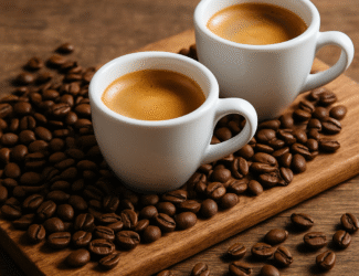 Two cups of espresso on a wooden board surrounded by coffee beans, symbolizing rising coffee prices due to shrinking inventories.