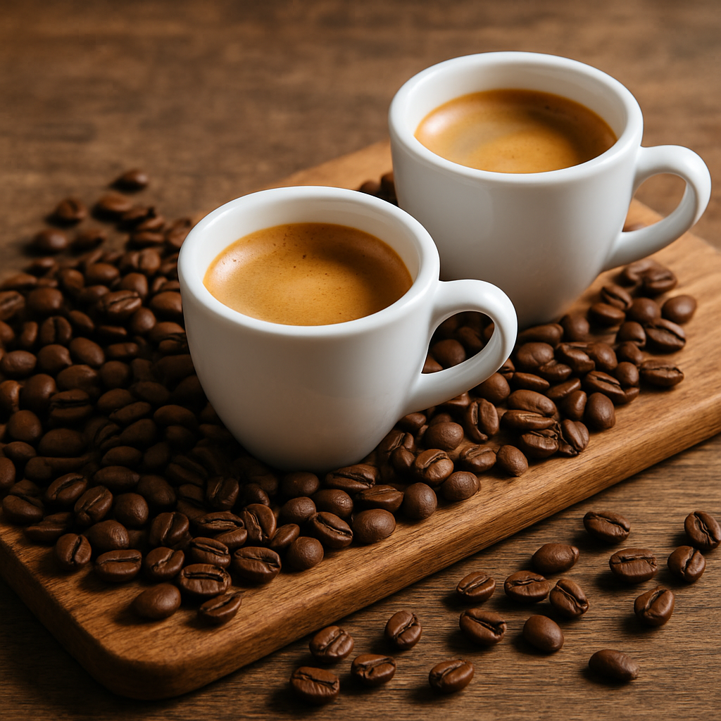 Two cups of espresso on a wooden board surrounded by coffee beans, symbolizing rising coffee prices due to shrinking inventories.