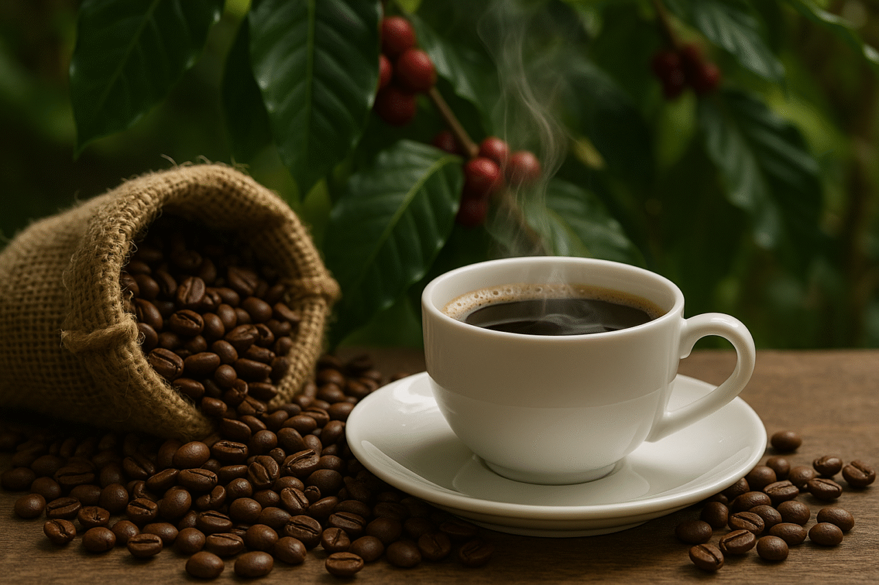 A steaming cup of coffee beside a burlap sack of roasted beans on a wooden table, surrounded by green coffee leaves and cherries on a Brazilian farm.