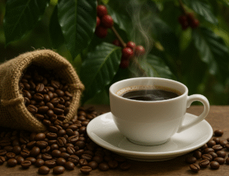 A steaming cup of coffee beside a burlap sack of roasted beans on a wooden table, surrounded by green coffee leaves and cherries on a Brazilian farm.