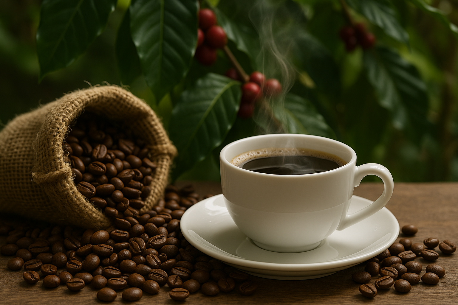 A steaming cup of coffee beside a burlap sack of roasted beans on a wooden table, surrounded by green coffee leaves and cherries on a Brazilian farm.