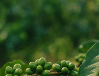 Natural view of a coffee farm with red and green coffee cherries under cloudy skies, symbolizing global trade uncertainty in 2025