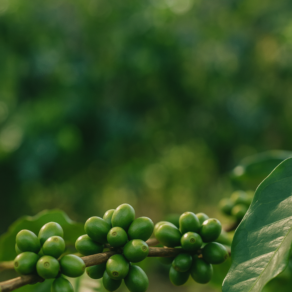 Natural view of a coffee farm with red and green coffee cherries under cloudy skies, symbolizing global trade uncertainty in 2025