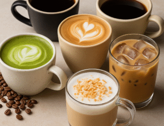 An assortment of coffee and tea drinks including matcha latte, iced latte, cappuccino, and coconut coffee arranged on a beige surface, symbolizing Gen Z’s diverse coffee culture.