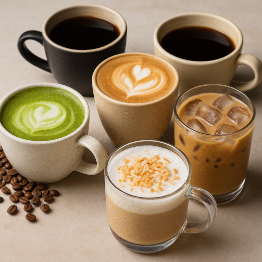 An assortment of coffee and tea drinks including matcha latte, iced latte, cappuccino, and coconut coffee arranged on a beige surface, symbolizing Gen Z’s diverse coffee culture.