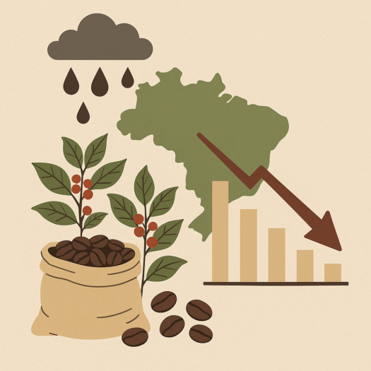 Illustration showing Brazil’s coffee market under weather impact — a green map of Brazil with raindrops above, coffee plants with red cherries, a burlap sack of beans, and a downward trend graph symbolizing falling arabica prices due to rain forecasts.