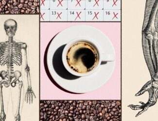 A cup of black coffee in a white cup sits on a pink background surrounded by illustrations of human bones and skeletons, roasted coffee beans, and a crossed-off calendar — symbolizing research linking daily coffee consumption to stronger bones and reduced frailty with age.