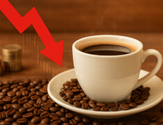 A steaming cup of black coffee surrounded by roasted beans with a downward red arrow, symbolizing slowdown in the US coffee market.