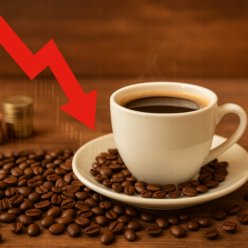 A steaming cup of black coffee surrounded by roasted beans with a downward red arrow, symbolizing slowdown in the US coffee market.