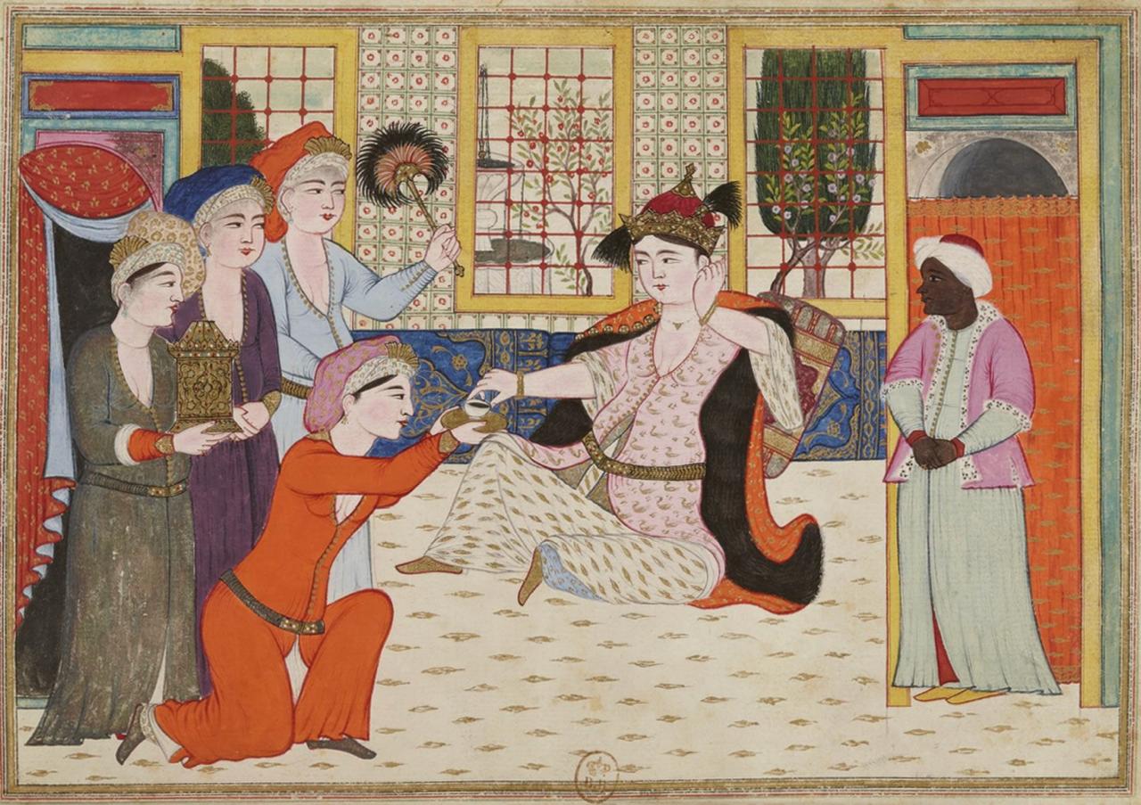 A traditional Turkish coffee set with a cup of coffee, cezve pot, and sugar cubes symbolizing Ottoman marriage customs.