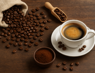A natural coffee scene showing a white cup of freshly brewed coffee on a wooden table beside a burlap sack spilling roasted beans, a wooden scoop, and a bowl of ground coffee under soft daylight.