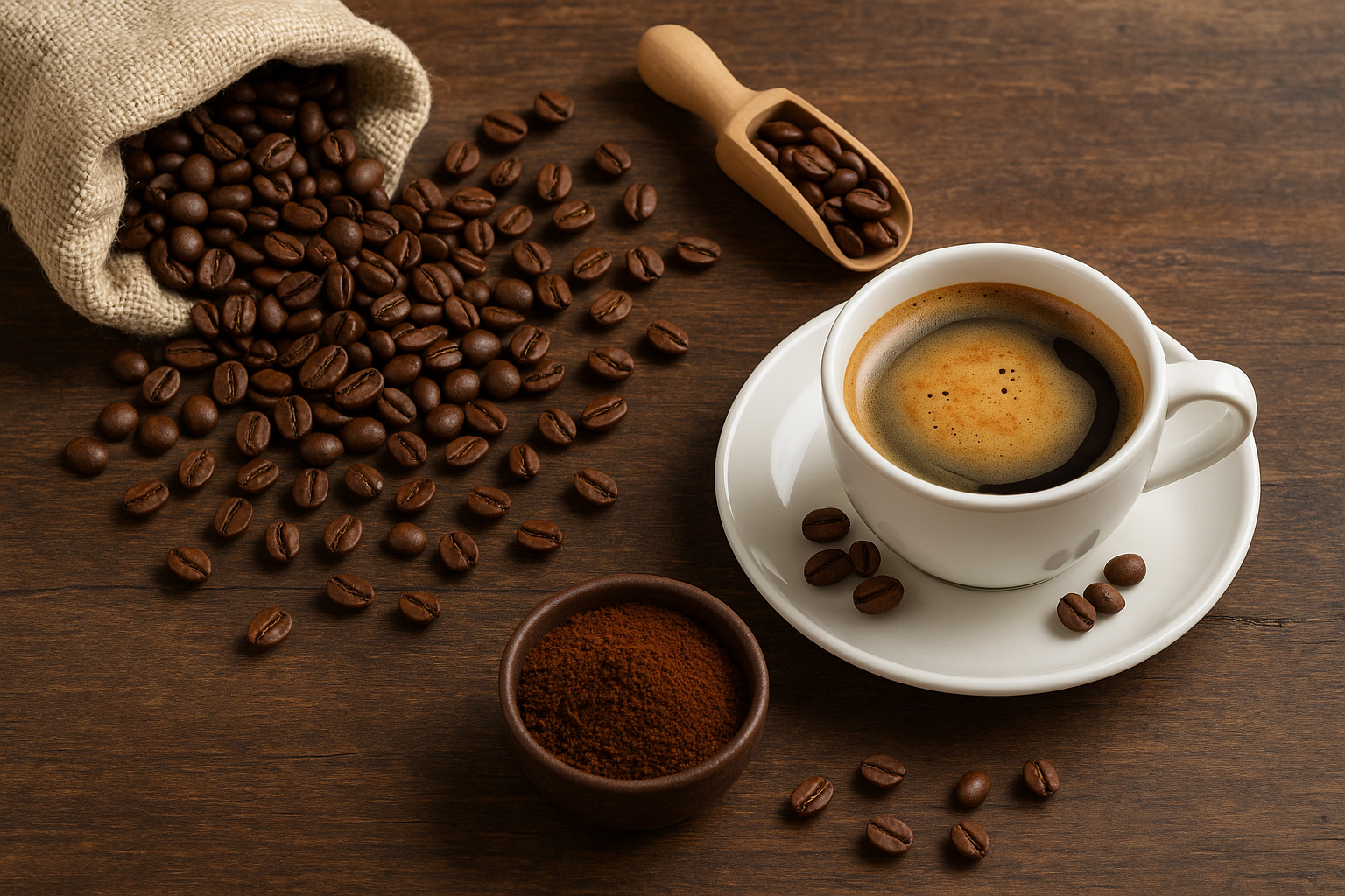 A natural coffee scene showing a white cup of freshly brewed coffee on a wooden table beside a burlap sack spilling roasted beans, a wooden scoop, and a bowl of ground coffee under soft daylight.