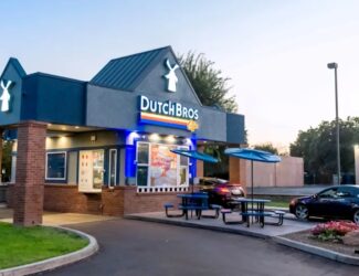 Dutch Bros drive-thru coffee shop with customers and staff during morning rush hour