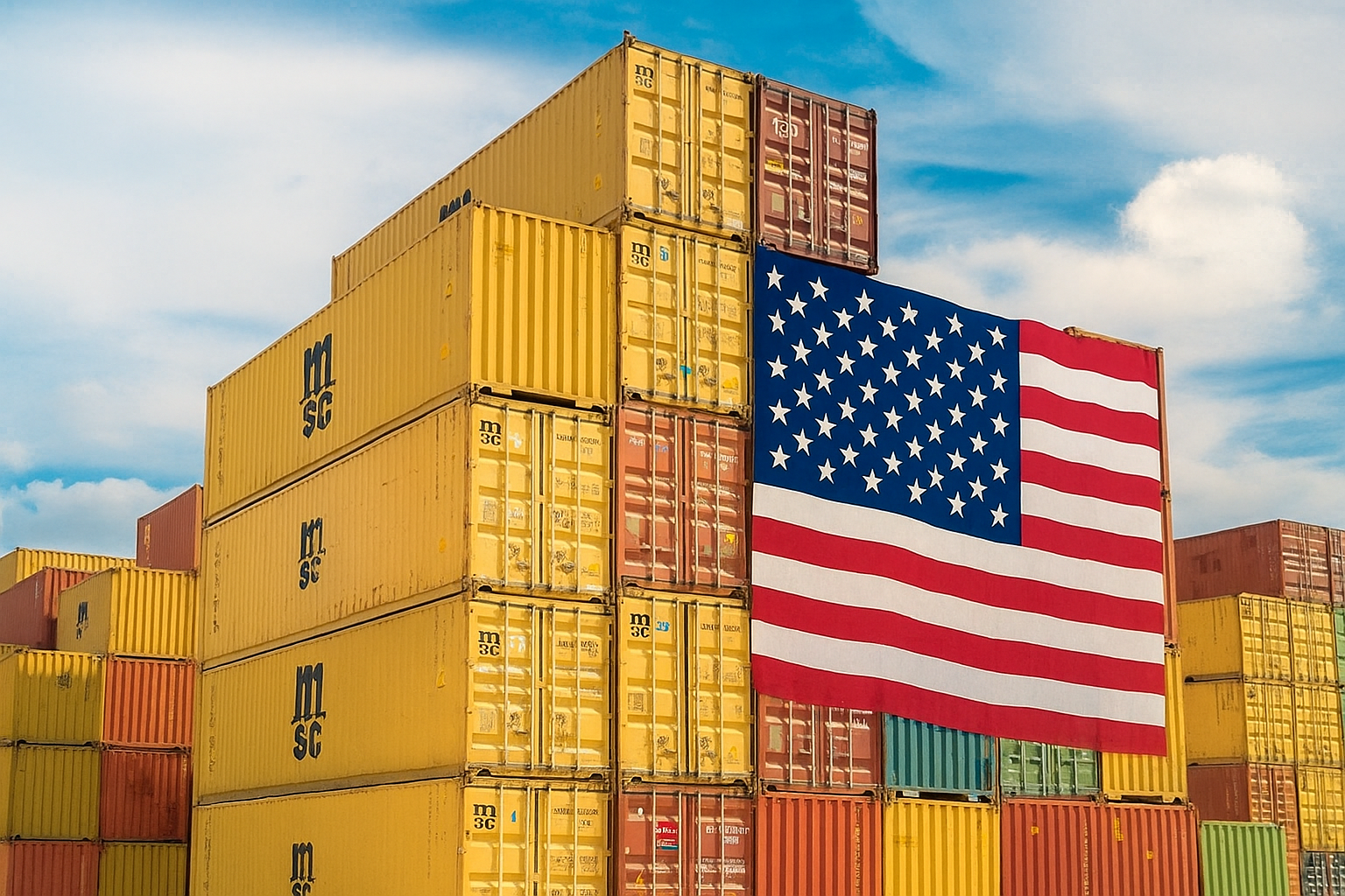 Stacked shipping containers with a large U.S. flag draped across them, symbolizing American trade and import tariffs.