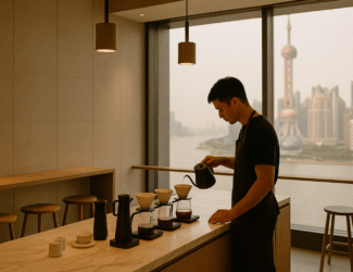 A barista prepares pour-over coffee inside a minimalist Shanghai café with marble counters and warm lighting, while the Oriental Pearl Tower and city skyline appear through large windows, symbolizing Shanghai’s vibrant modern coffee culture.