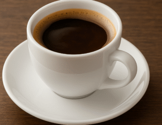 A cup of black coffee on a wooden table under soft natural light, symbolizing the link between coffee and genetics.