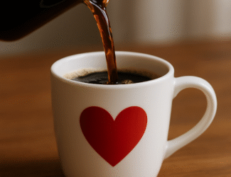 A cup of freshly brewed coffee placed beside a red heart symbol, representing research linking coffee to better heart rhythm health.