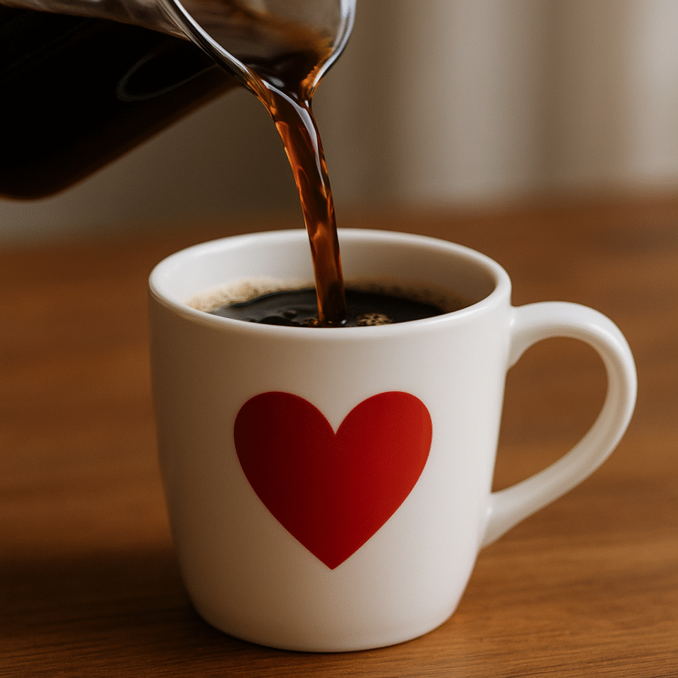 A cup of freshly brewed coffee placed beside a red heart symbol, representing research linking coffee to better heart rhythm health.